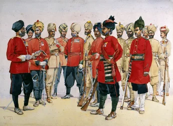 VCO&39;s, NCO&39;s e sepoys de vários Regimentos de Punjab, ilustração para &39;Exércitos da Índia&39; pelo Major GF MacMunn, publicado em 1911
